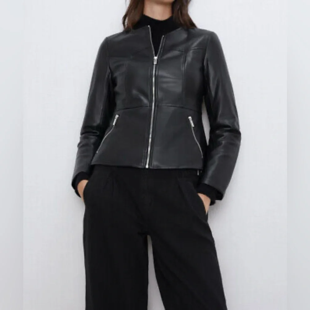 ZARA Faux Leather Moto Biker Collarless Jacket Edgy Career Black Size Small - Picture 2 of 10